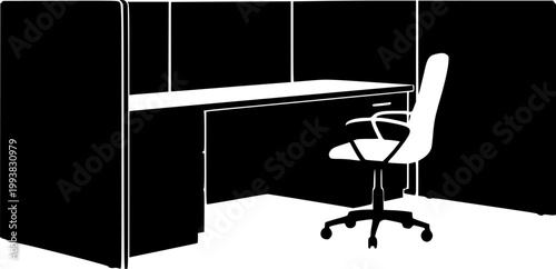 Office cubicle with desk and chair silhouette isolated on white background
