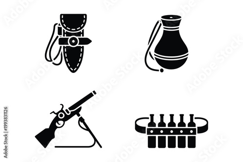 Historical survival and weaponry equipment vector silhouette icons with survival