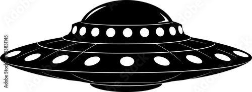 Black silhouette of a flying saucer spaceship with a dome and lights on a isolated on white background
