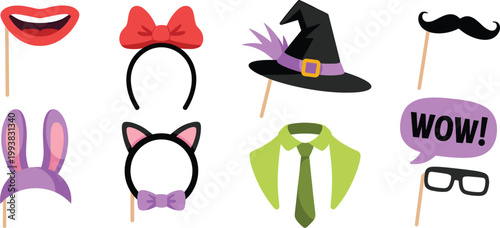 Funny party photo booth props set with witch hat, cat ears, mustache and speech bubble