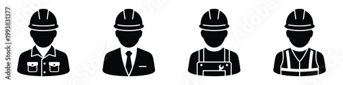 Construction worker avatars, engineers with hard hats, safety vests, and professional suits for industrial contractor solid icon set