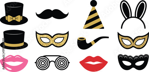 Party photo booth props set with gold glitter masks, hats, mustache and carnival accessories
