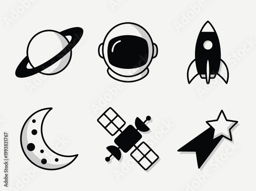 Space Exploration Icons Featuring Planet Astronaut Helmet Rocket Moon Satellite and Shooting Star.