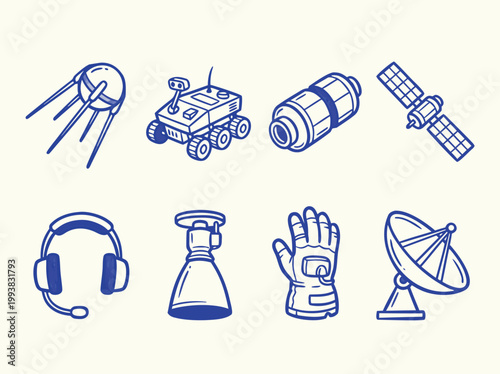 Space Exploration Icons Featuring Satellites Rover and Communication Tools.