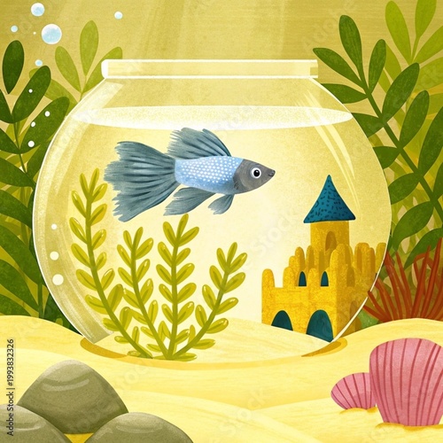 Colorful fish swimming in fishbowl with plants and castle decor  