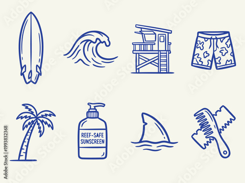 Summer beach vacation icon set in blue outline style.