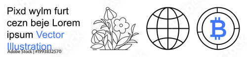 Technology, ecology, blockchain, cryptocurrency, global network, eco-friendly ideas. A globe, floral design and Bitcoin symbol. Technology and ecology through global connectivity and blockchain