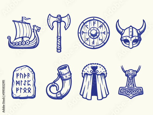 Viking Culture Elements Ship Axe Shield Helmet Runestone Horn Cape and Amulet.