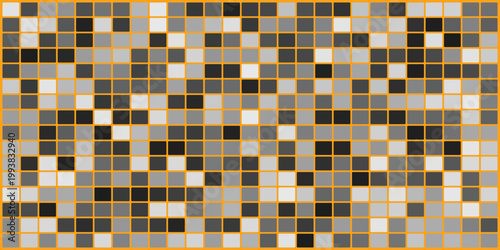 A colorful mosaic pattern with small blue, black, white and orange tiles arranged in a grid