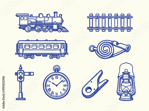Vintage Train and Railway Related Icons Illustration.