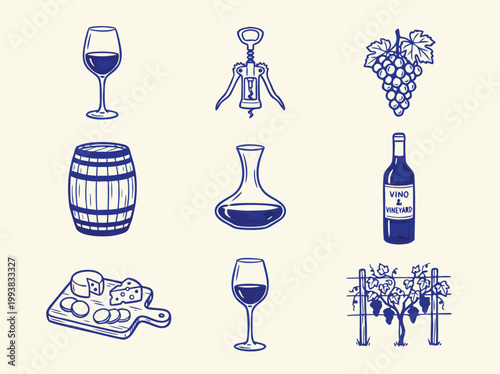 Wine and Cheese Still Life with Corkscrew and Grapes.