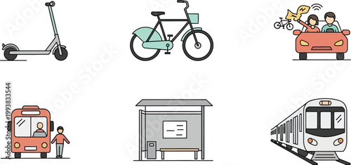 Transportation icons display modern urban commuting methods for travelers.