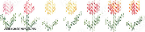 Tableau sur toile Cross stitch pattern of colorful tulips and leaves on white background for embro