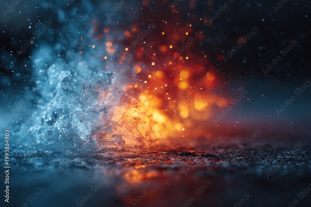 Fototapeta premium Fire and ice collision explosion with particles