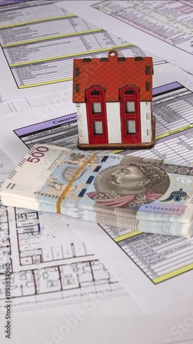 Close-up of a broker placing a stack of Polish zloty cash, symbolizing real estate purchase, property investment, transaction closing, and financial deal in housing market. 