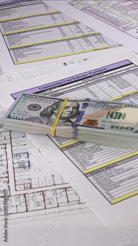 Close-up of a hand placing a house model on top of a stack of US dollars resting on architectural blueprints, symbolizing real estate investment, funding structure, and property valuation decisions. 