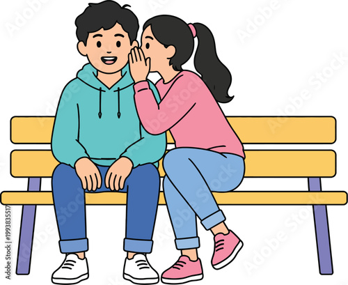 Cartoon girl whispering secret to boy on park bench, children sharing gossip, flat vector illustration of friends