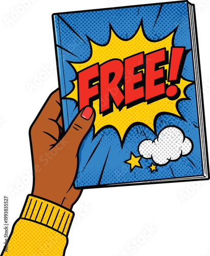 Retro pop art comic book with free text, hand holding blue comic book vector, vintage halftone promotional flyer
