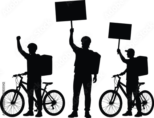 Protesting delivery courier silhouettes, bicycle food workers holding signs, gig economy labor strike vector graphics