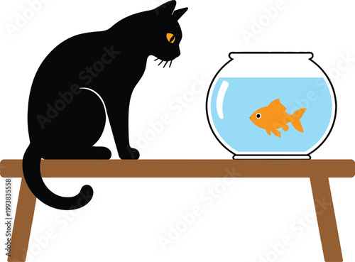 Black cat watching goldfish in a glass bowl vector, curious kitten sitting on table, pet hunting behavior illustration
