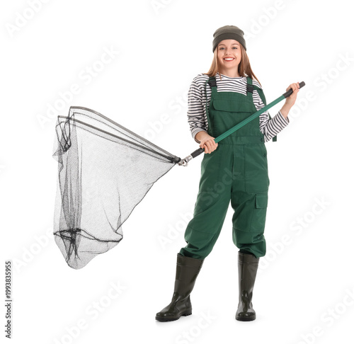 Happy fisherwoman with land...