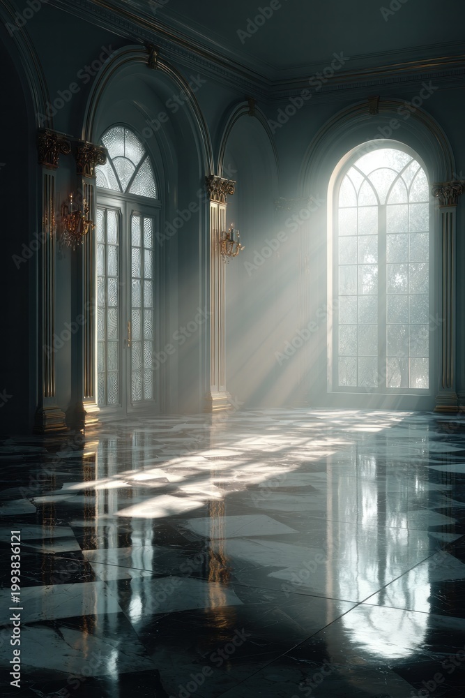 Fototapeta premium Luxurious neoclassical hallway with arched windows and golden light