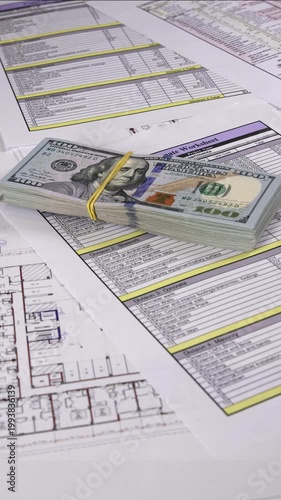 Close-up of a hand placing US dollar cash and a house model on architectural blueprints, symbolizing real estate investment, construction funding, planning, and property development decisions. 