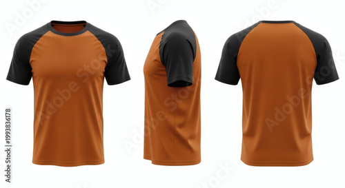 Mockup of a short sleeve raglan t-shirt featuring an earthy burnt orange body with contrasting dark charcoal black sleeves and neckline presented in front side and back views 
