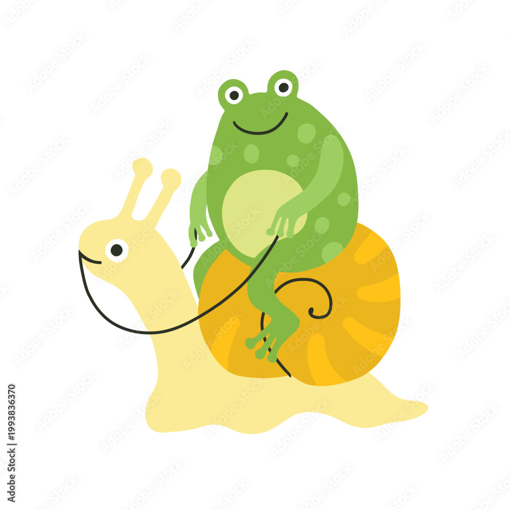 Fototapeta premium Funny frog character, froggy mascot. Frog rides the snail, rider. Simple flat doodle style, green and yellow. Print, sticker, children, animal illustration, white background. 