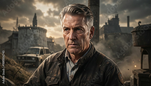 A man with a serious expression stands against the backdrop of destruction. He is dressed in rugged clothing and appears to be portraying a character from a science fiction movie or television show.