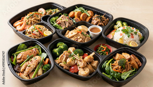 An assortment of meals presented in black containers is arranged neatly on a tabletop for an appealing display.