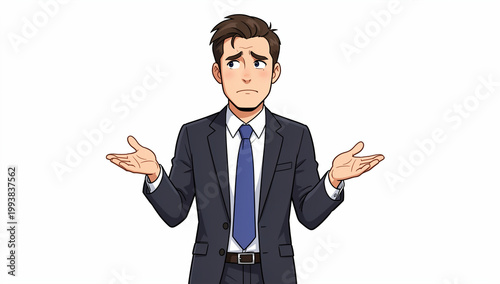A digital illustration of a man in a suit looking perplexed and raising his hands.