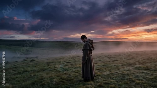 Silhouette of Isaac meditating in the field at eventide. Biblical Genesis concept of evening prayer and waiting for Rebekah