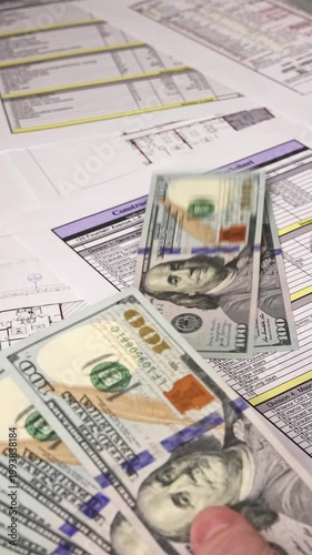 Close-up of hands counting US dollar banknotes over construction blueprints and cost calculations, illustrating budgeting, expense tracking, and financial planning in real estate development in slow