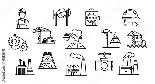 Industrial Engineering Thin Line Icon Set Construction Factory Equipment Vector Illustration