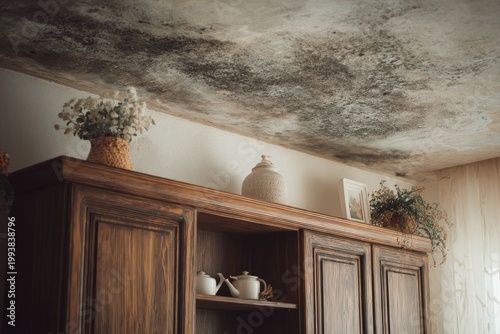 Extensive dark stains cover ceiling above a wooden cabinet with decor and teapots