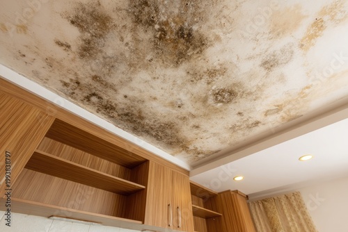 Extensive black and brown mold stains cover a residential ceiling above wooden cabinetry