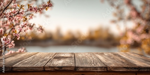 Empty rustic wooden table with pink blossoms framing a blurred spring lake scene