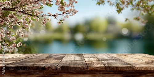 Rustic wooden table with spring blossoms and blurred lake background on a sunny day
