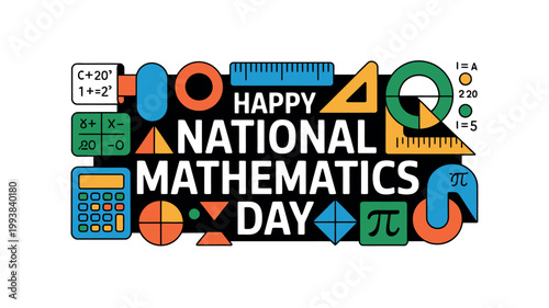 A colorful graphic celebrating National Mathematics Day with various mathematical symbols and objects