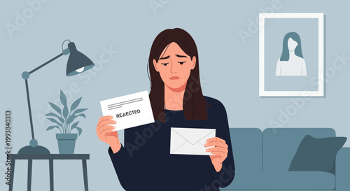 Woman feels disappointed after receiving rejection letter while sitting in her living room during the evening