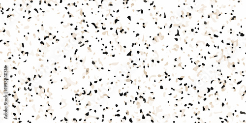 High resolution seamless terrazzo texture with black and beige marble chips on white background for interior design. dense distribution of organic black and tan marble fragments on a crisp white base