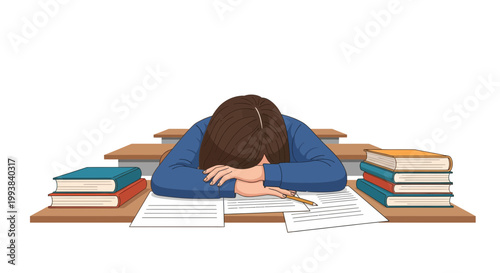 Student studies hard at desk with books and papers, feeling tired and overwhelmed by schoolwork in the afternoon