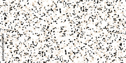 High resolution seamless terrazzo texture with black and beige marble chips on white background for interior design. dense distribution of organic black and tan marble fragments on a crisp white base