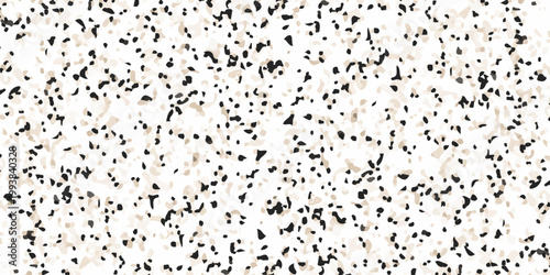High resolution seamless terrazzo texture with black and beige marble chips on white background for interior design. dense distribution of organic black and tan marble fragments on a crisp white base