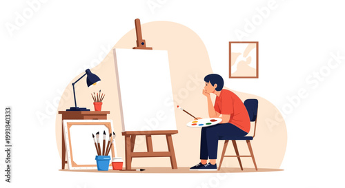 Artist sits on a chair in a studio and prepares to paint on a blank canvas in a creative workspace during daytime