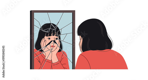 Reflections in a broken mirror showing a person looking at their own face while touching the glass