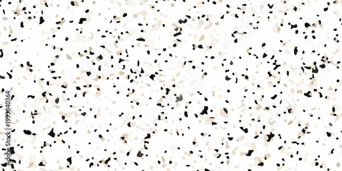 High resolution seamless terrazzo texture with black and beige marble chips on white background for interior design. dense distribution of organic black and tan marble fragments on a crisp white base
