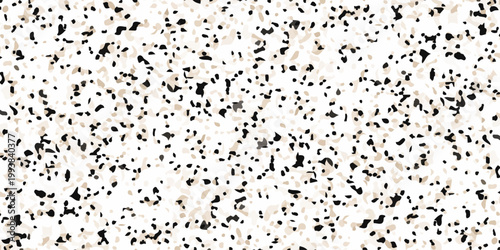 High resolution seamless terrazzo texture with black and beige marble chips on white background for interior design. dense distribution of organic black and tan marble fragments on a crisp white base