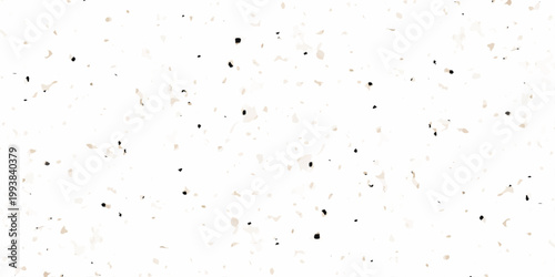 High resolution seamless terrazzo texture with black and beige marble chips on white background for interior design. dense distribution of organic black and tan marble fragments on a crisp white base